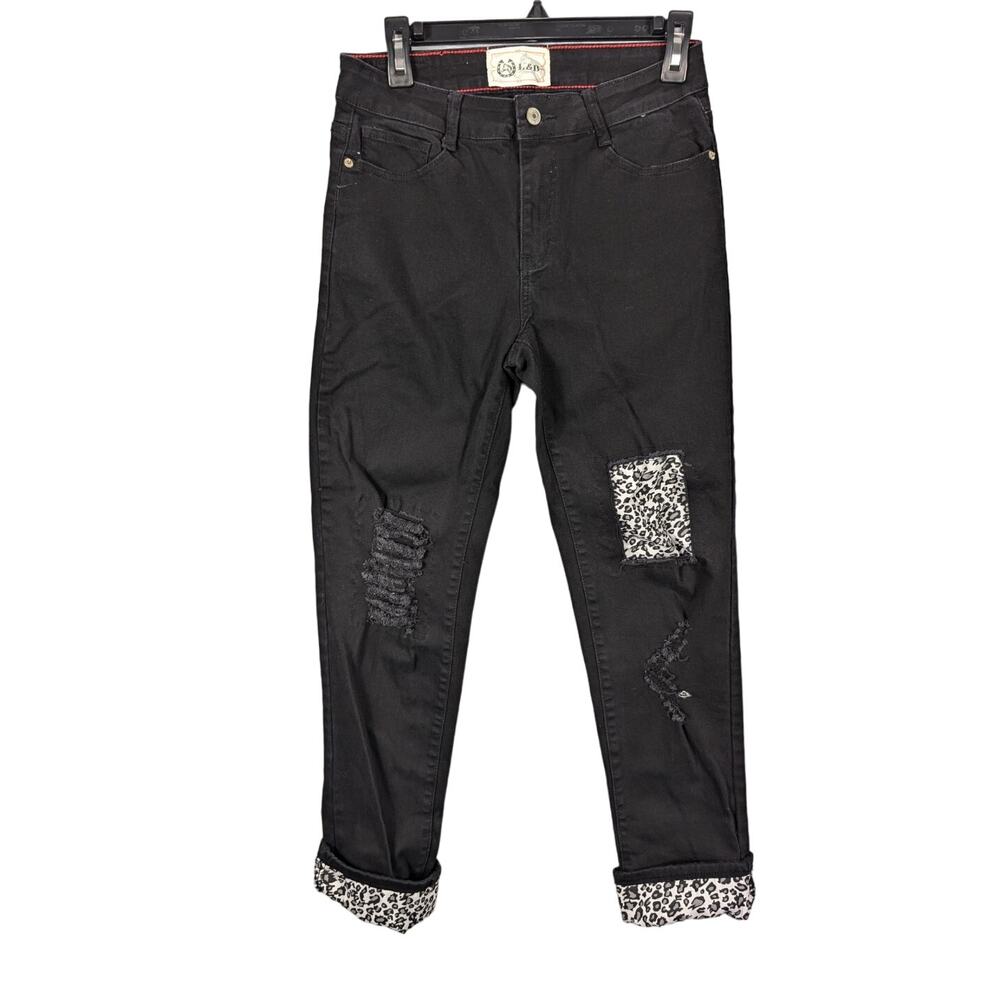 Lucky & Blessed L&B Jeans Womens 10 Black Distressed Animal Print Pants Western